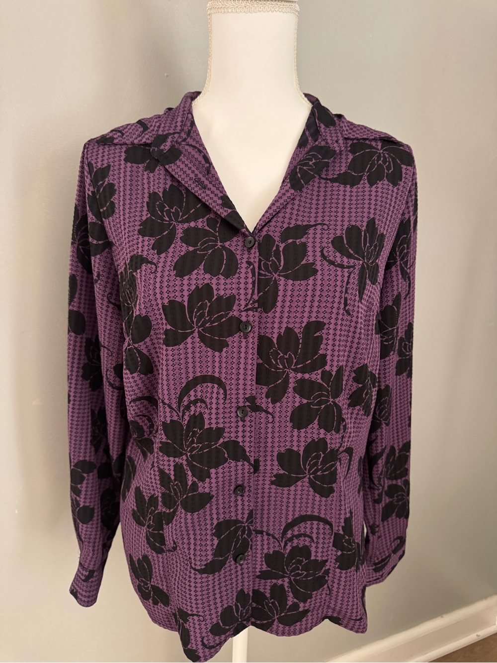 Karen Scott Purple and Black Floral Button-Front Top